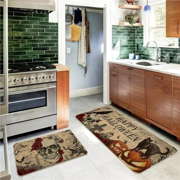 Halloween Kitchen Mat,  Non Skid Washable Set of 2, Skull (17"x29"&17"x47") - Picture 4 of 6